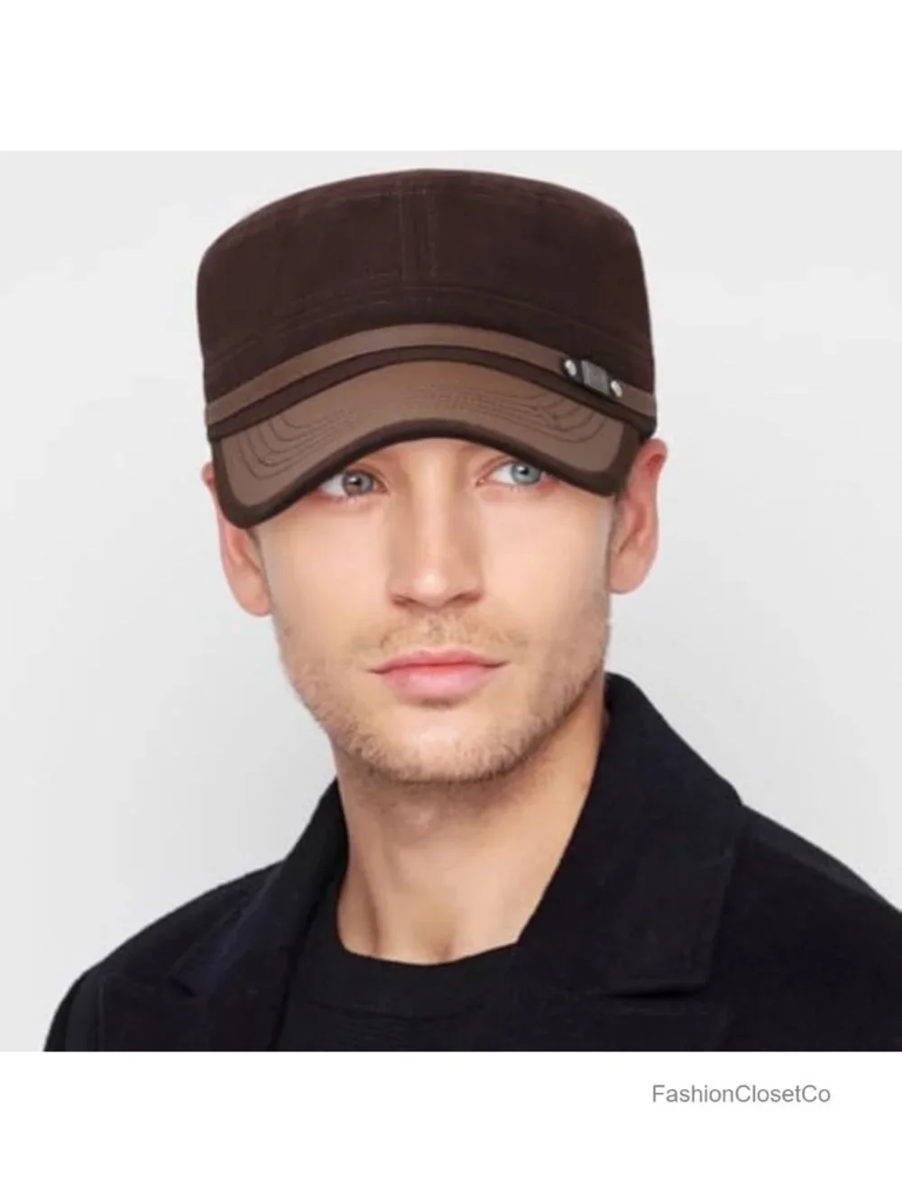 Twill Military Corps Hat Flat Top Cap with PU Leather Brim